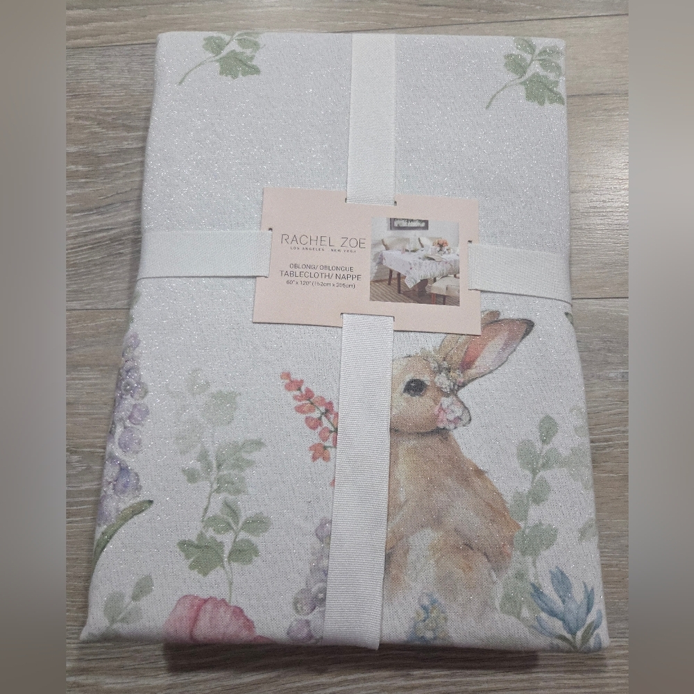 Rachel Zoe Spring Easter Tablecloth Oblong 60 x 120 Floral Rabbit Sparkly New